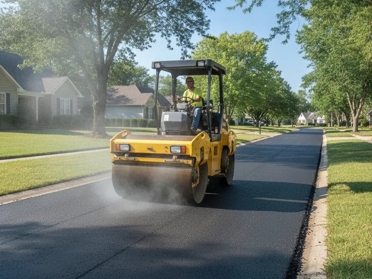 A freshly paved residential driveway leading up to a wooded, tree-shaded home in Sharon, MA