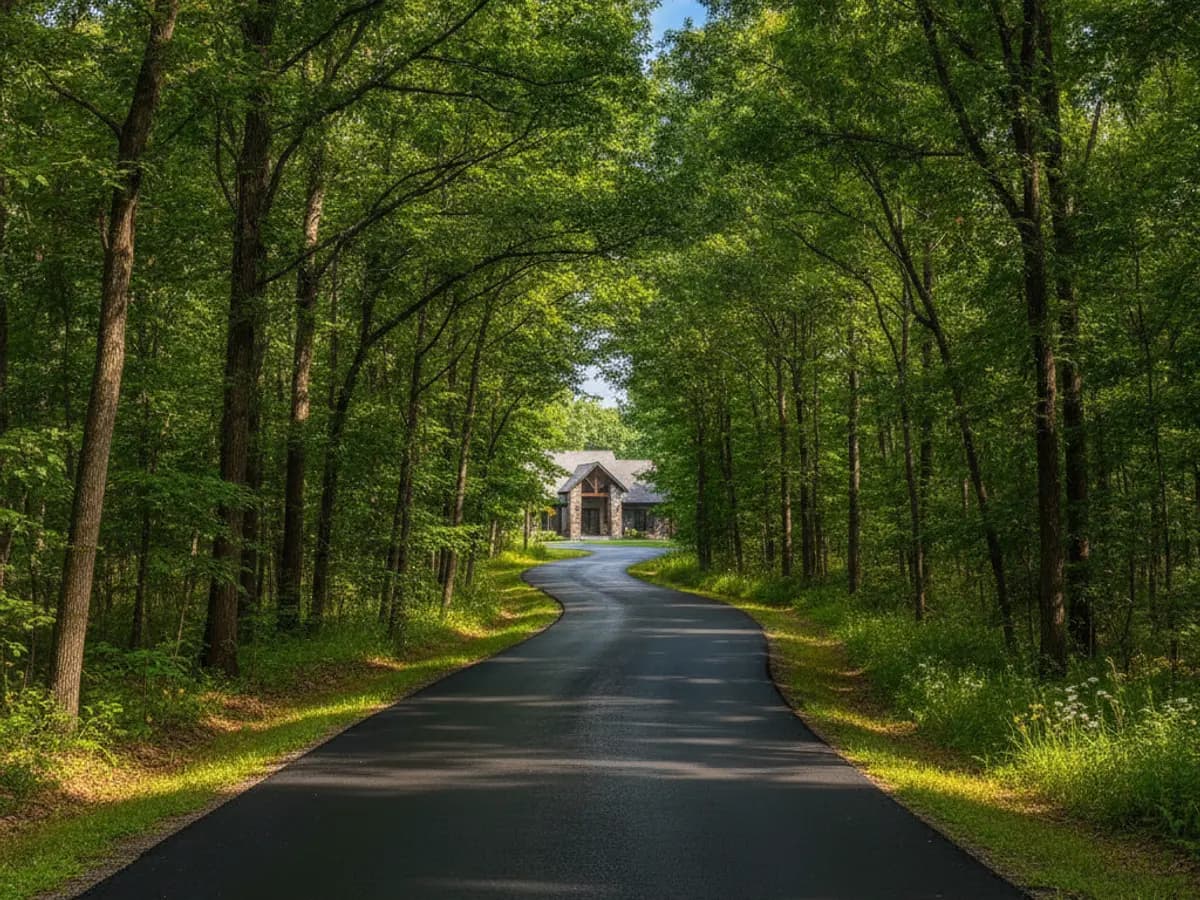Freshly sealed asphalt driveway winding up to a New England home