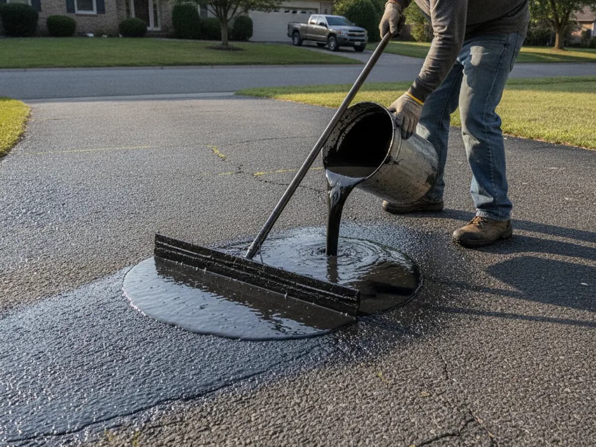 Freshly paved and sealed residential asphalt driveway in front of a well-kept Westwood, MA home