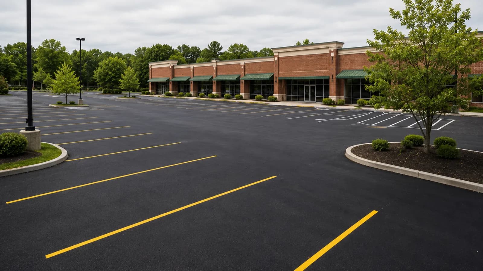 Freshly sealed and striped commercial parking lot