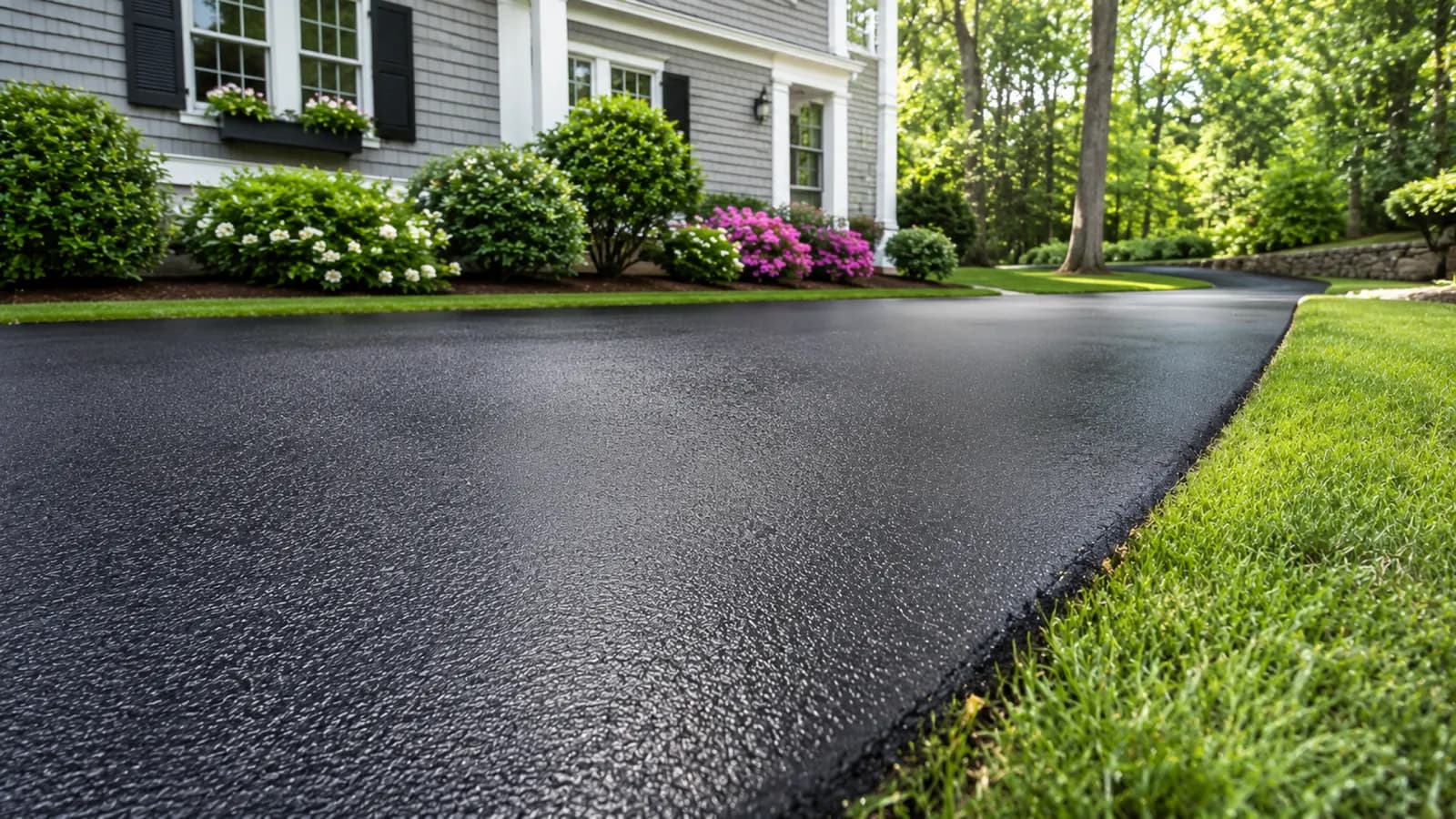 Freshly sealcoated residential driveway in front of a New England colonial home
